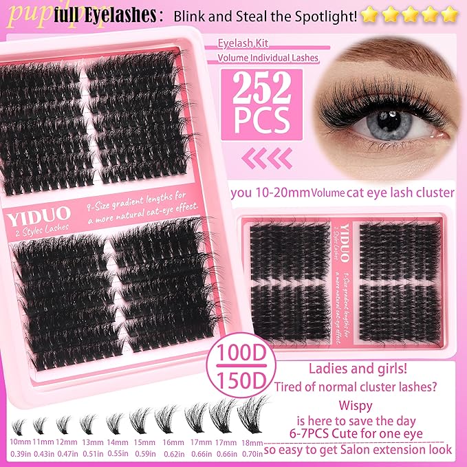 YIDUO Lash Clusters Kit 100D+150D 10-18mm Cat Eye Eyelash Extensions Kit Volume Wispy Left & Right Individual DIY Lash Extension Kit with Glue |Tweezers |Removers |Eyelash & Eyebrow Brush