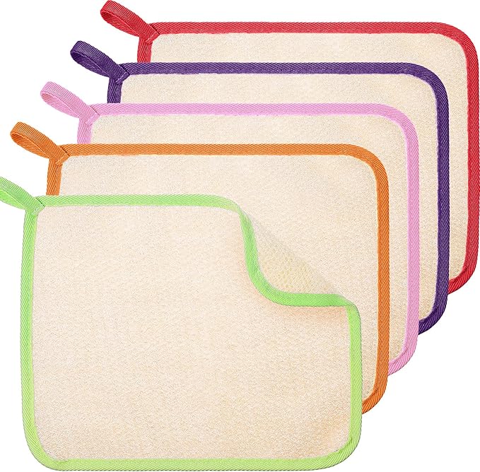Tatuo 5 Pcs Exfoliating Face and Body Wash Cloths Towel Weave Bath Exfoliating Scrub Massage Bath Cloth for Women and Men, 10.23 x 8.66 Inch(Green, Orange, Pink, Purple, Red Edge)
