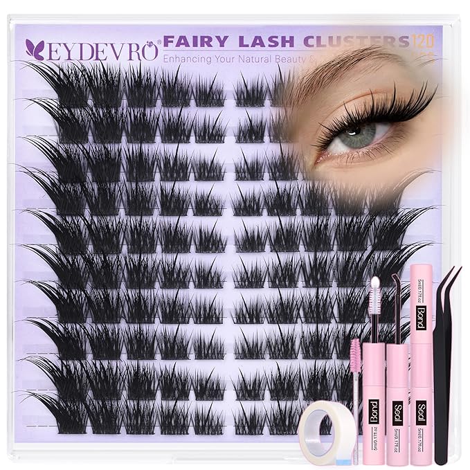 EYDEVRO Fairy Lash Clusters Kit Wispy Eyelash Clusters Kit Volume Lash Clusters with Spikes LC Curl Fox Cat Eye Lashes Manga Cluster Eyelash Extensions Lash Bond and Seal Tools for DIY Lash Extensions