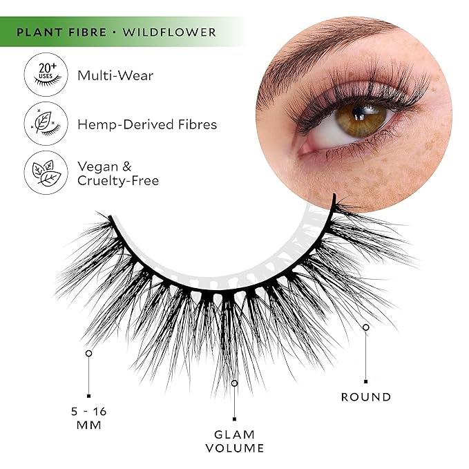 Velour Plant Fibre Eyelashes, Luxurious Hemp Derived False Lashes, Lightweight, Reusable, Handmade Fake Lash Extensions, Wear up to 25 Times, 100% Vegan, Soft and Comfortable, Wildflower