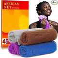 4 Pieces African Net Sponge for Deep Exfoliation – African Net Sponge Authentic, Exfoliating Washcloth, Quick-Drying African Net for Smooth & Glowing Skin(Brown, Blue, Purple,Grey)