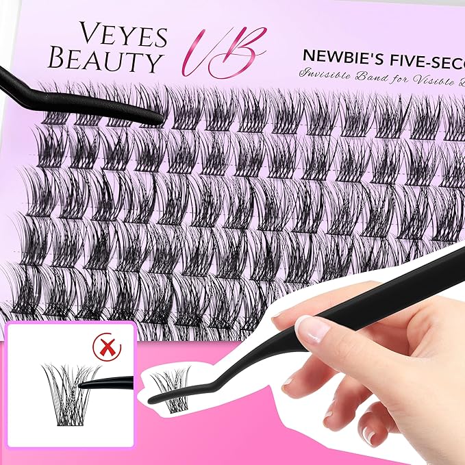 VEYESBEAUTY Lash Clusters Individual Eyelash Extensions Thin & Invisible Band DIY False Eyelashes for Self-application Newbie's Five-Second Series Wispy Lash Tray, Boldeye 8-16mm Mixed Length