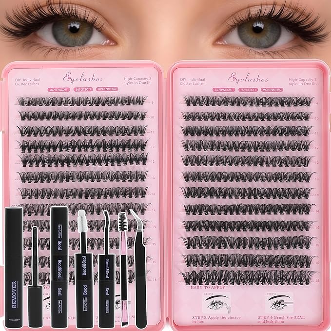 Lash Clusters Kit, Eyelash Clusters Individual Lash Extension Kit 480 Pcs D Curl Fluffy Wispy False Eyelashes Extensions Thin Band with Bond Seal Tweezers Brush Removers (40D+50D KIT)