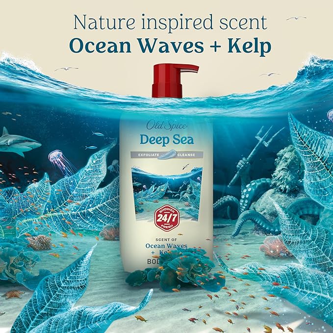 Old Spice Cleansing Body Wash for Men, 24/7 Shower Fresh with Lasting Scent, Exfoliate & Cleanse, Gentle on Skin, Vitamin B3, Deep Sea with Ocean Waves + Kelp Scent, 30 oz (Pack of 4)