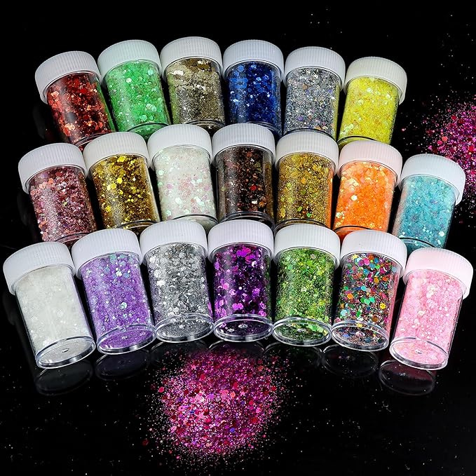 Holographic Chunky and Fine Glitter Mix, 20 Colors for Resin, Iridescent Nail, Cosmetic Eye Hair Face Body, Flakes Sequins for Epoxy Resin Tumbler DIY Arts Crafts