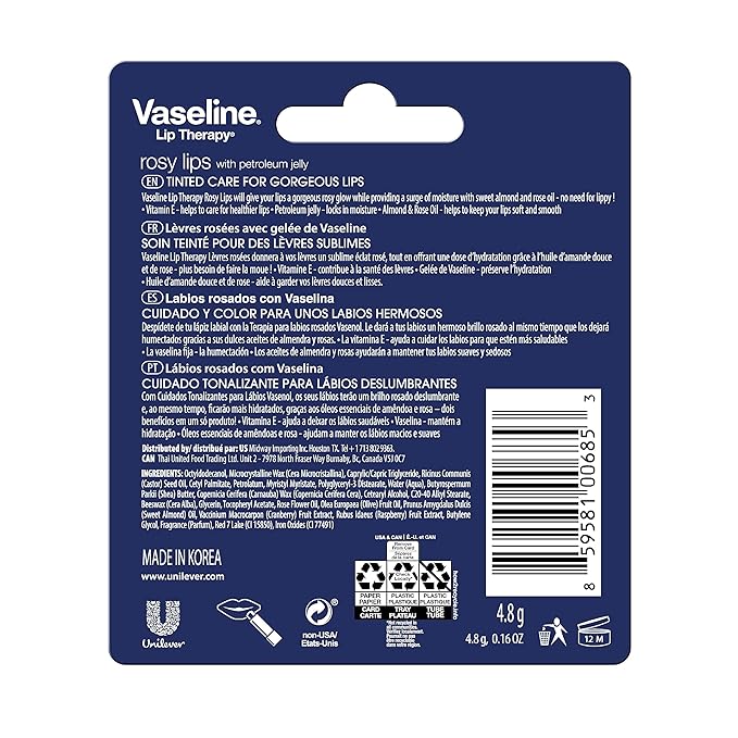 Vaseline Lip Therapy Care Rosy, Fast-Acting Nourishment, Ideal for Chapped, Dry, Cracked, or Damaged Lips, Lip Balm, 4-Pack, 0.16 Oz Each (Pack of 24)