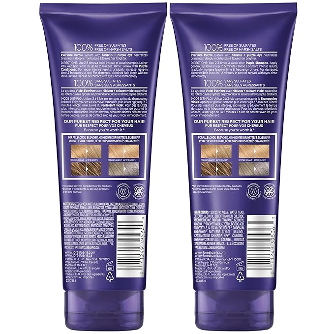 L’Oreal Paris EverPure Sulfate Free Brass Toning Purple Shampoo and Conditioner for Blonde,Bleached,Silver,or Brown Highlighted Hair,(Pack of 6)