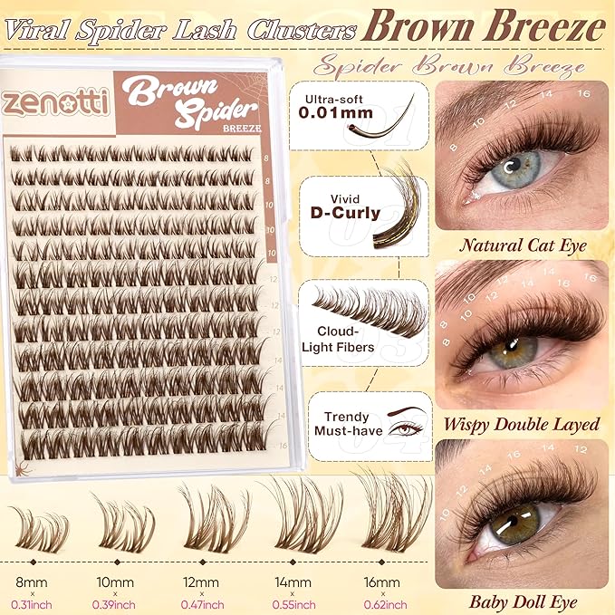Spider Breeze Lash Clusters Brown Eyelash Clusters D Curly Wispy Cluster Eyelash Extensions Natural Brown Spider Lashes Cluster with Invisible Band Fluffy Individual Lashes 8-16mm by zenotti
