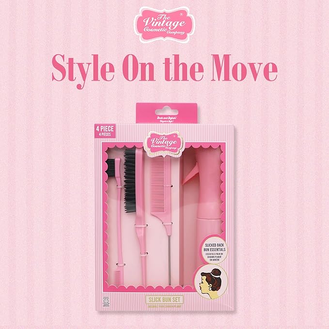 The Vintage Cosmetic Company Slick Bun Hair Misting Set for Women and Girls, Refillable Spray Bottle & Comb for Effortless Hair Styling and Refresh
