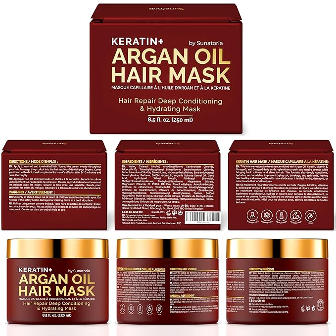 SUNATORIA Argan Oil Hair Mask with Keratin for Dry, Dull, Frizzy Hair - Deep Conditioning Mask for Softness, Smoothness & Shine, 8.5 Fl Oz
