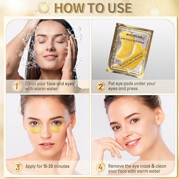 Hicream Golden Under Eye Patches - 30 pair Eye Mask Pure Gold Anti-Aging Collagen Hyaluronic Acid Under Eye Mask for Dark Circles, Puffiness & Wrinkles Refresh Your Skin