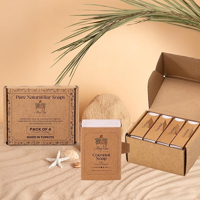 Mary Case Coconut Bar Soap Set of 4 | Natural Soap with Olive & Coconut Oils + Real Coconut Pieces | Vegan Bath Soap for Men & Women | Deep Moisturizing & Softening Dry Skin