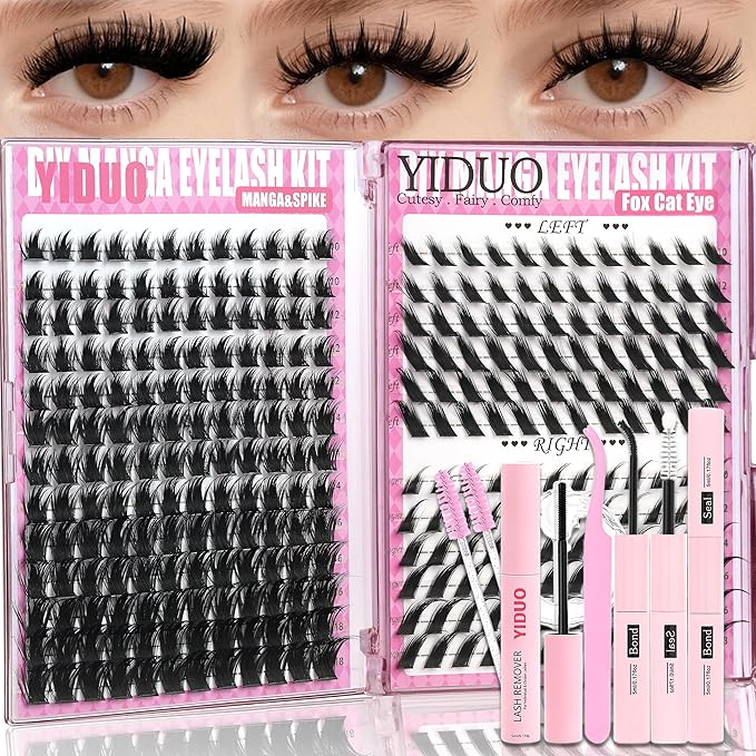 YIDUO Manga Lash Clusters Kit 2 Styles Volume Fairy + Cat Eye Cartoon Clusters Eyelash Extensions Kit with Lash Bond and Seal Remover Tweezers 10-18mm Wispy Individual DIY Lashes Book Kit