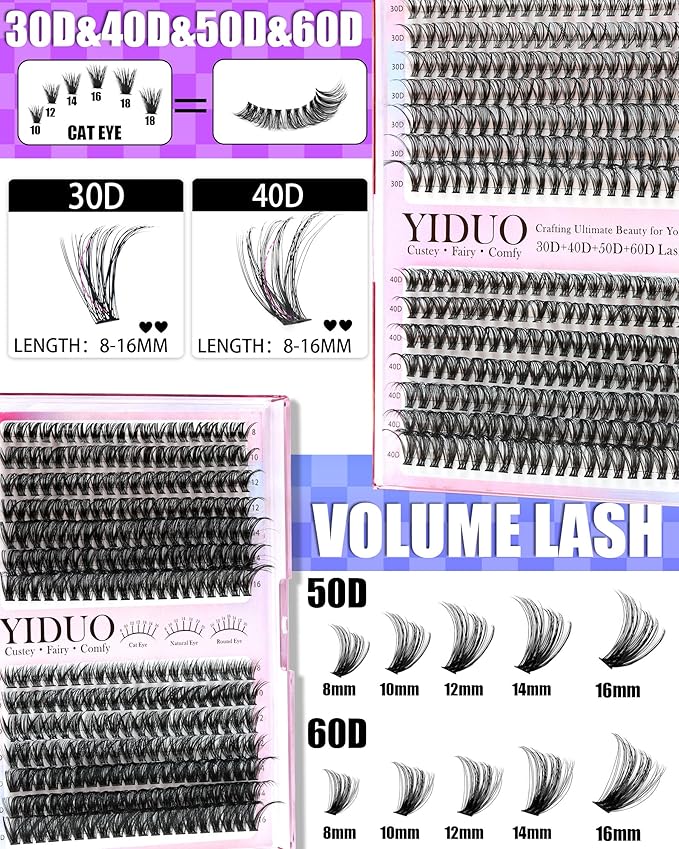 YIDUO Lash Extension Kit 30D+40D+50D+60D Cluster Lashes Extension 8-16mm, Wispy Individual Lashes with Bond,and Seal, Remover & Tweezers, DIY Eyelash Extensions for Beginners pestañas postizas