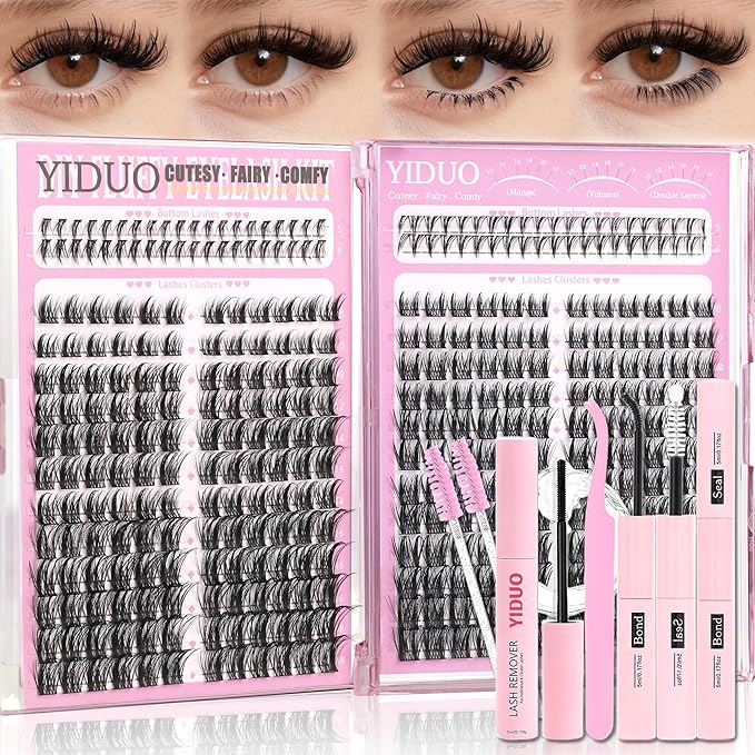 YIDUO Lash Clusters Kit 2 Styles Naturales Spiky Manga Clusters Lashes Extensions with Bottom Eyelash 368pcs 10-18mm Wispy Individual Lashes Kit with Bond and Seal|Tweezers|Removers|Lash Brush