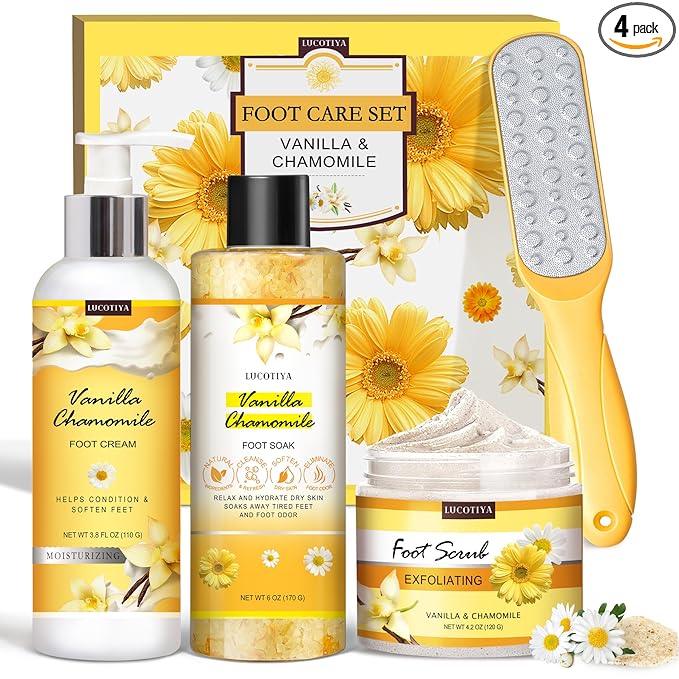 LUCOTIYA Foot Soak Set Pedicure Kit, Vanilla chamomile Foot Soak Salts, File, Scrub & Urea Cream,Pedicure Supplies for Dry Cracked Feet for Women