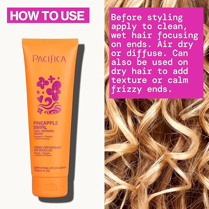 Pacifica Pineapple Swirl Curl Defining Cream – Bounce, Frizz Control & Curl Enhancer Styling Cream for Curly Hair & Wavy Hair – Coconut Oil & Hyaluronic Acid For No-Crunch Hold – Cruelty-Free – 4-oz