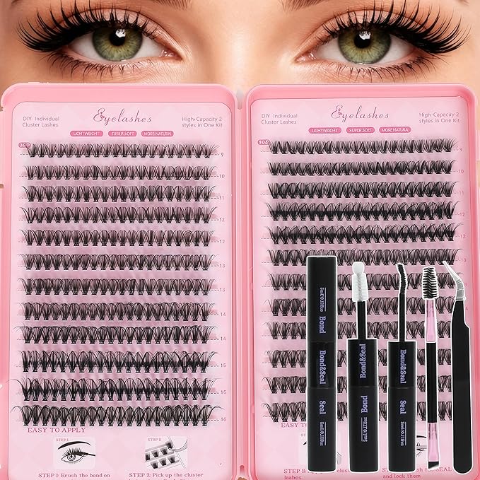 Lash Clusters Kit, Eyelash Clusters Individual Lash Extension Kit Pcs D Curl Fluffy Wispy False Eyelashes Extensions Thin Band with Bond Seal Tweezers Brush Removers (30D+40D KIT 9-16mm)