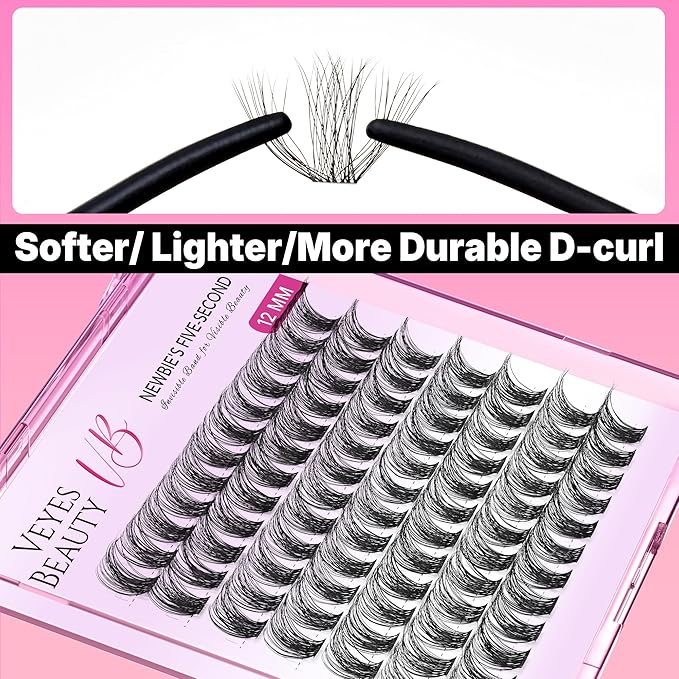VEYESBEAUTY Lash Clusters Individual Eyelash Extensions Thin & Invisible Band DIY False Eyelashes for Self-application Newbie's Five-Second Series Wispy Lash Tray, Bomb 12mm Single Length