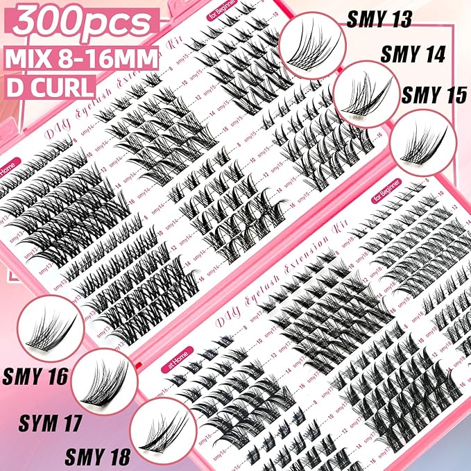 QUKLOGEN DIY Wispy Lash Extension Kit 580Pcs D Curl 6 styles Fox Eye Lashes Clusters Eyelash Extension with Lash Bond and Seal,Quick Glue Remover Tweezers Eyelash Brush Mini Applicator