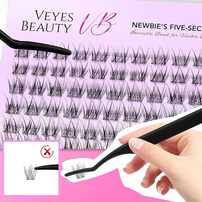 VEYESBEAUTY Lash Clusters Individual Eyelash Extensions Thin & Invisible Band DIY False Eyelashes for Self-application Newbie's Five-Second Series Wispy Lash Tray, LuxeBold 14mm Single Length