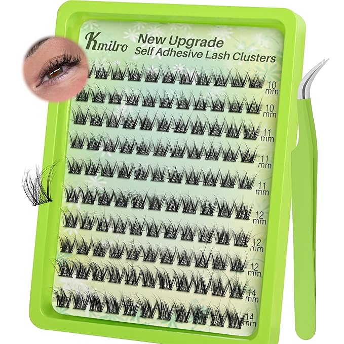 Self Adhesive Eyelashes 10-14mm Wispy Lash Clusters Pre-Glued No Glue Needed Reusable Waterproof Press on Lashes for Natural Look 110Pcs with Tweezers Easy Apply Beginner Friendly Kit