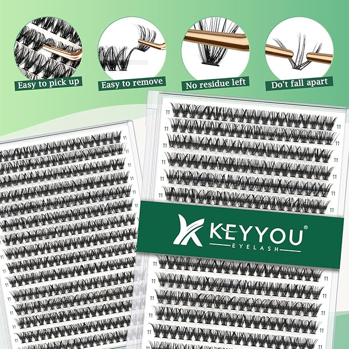 KEYYOU Lash Clusters 300pcs Individual Lashes, 40D 0.07C Curl 11mm DIY Eyelash Extension, Soft & Natural Volume Cluster Lashes with Large Tray