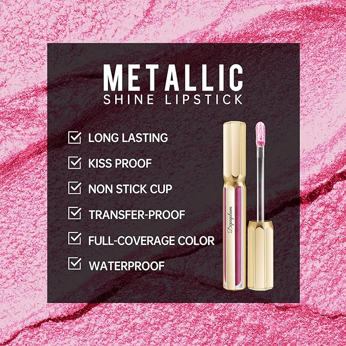 Depuplum Pink Lipsticks for Women Metallic Lipstick Long Lasting Shimmer Lip Gloss Metal Shine Glitter Waterproof Lipsticks Full Coverage Lip Color for Mother's Day,DP108 Mermaid