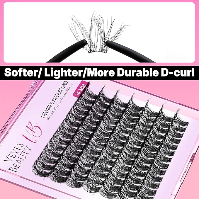 VEYESBEAUTY Lash Clusters Individual Eyelash Extensions Thin & Invisible Band DIY False Eyelashes for Self-application Newbie's Five-Second Series Wispy Lash Tray, Boldeye 14mm Single Length