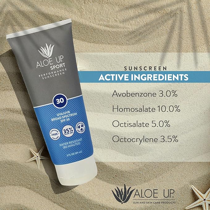 Aloe Up Sport Sunscreen Body Lotion SPF 30 | Broad Spectrum Sunblock Aloe Vera Gel | Non-Greasy,Skin Sun Protection, No White Cast | Reef Friendly, Water Resistant 80 Minutes | Fragrance-Free, 3 Oz