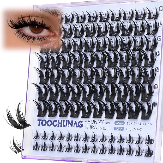 TOOCHUNAG Bunny Lash Clusters 10-16mm Natural Manga Eyelash Clusters Fairy Cluster Lashes with 6-7mm Bottom Lashes Camera-Ready Cluster Eyelash Extensions with Clear Band