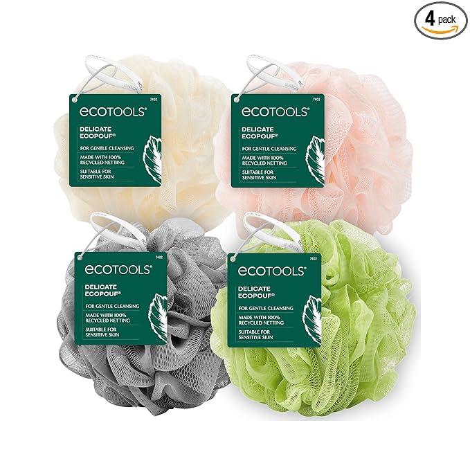 EcoTools Delicate EcoPouf 4 Pack, Loofah Sponge for Bath & Shower, Recycled Netting, Gentle Exfoliation, Pouf for Body Wash, Eco-Friendly Bath Accessory, Cruelty-Free, Color May Vary, (60g Each)