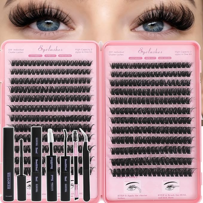 Lash Clusters Kit, Eyelash Clusters Individual Lash Extension Kit 480 Pcs D Curl Fluffy Wispy False Eyelashes Extensions Thin Band with Bond Seal Tweezers Brush Removers (80D+100D KIT9-16mm)
