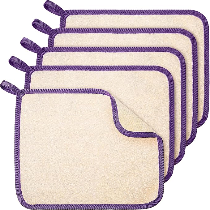 Tatuo 5 Pcs Exfoliating Face and Body Wash Cloths Towel Weave Bath Exfoliating Scrub Massage Bath Cloth for Women and Men, 10.23 x 8.66 Inch(Purple Edge)