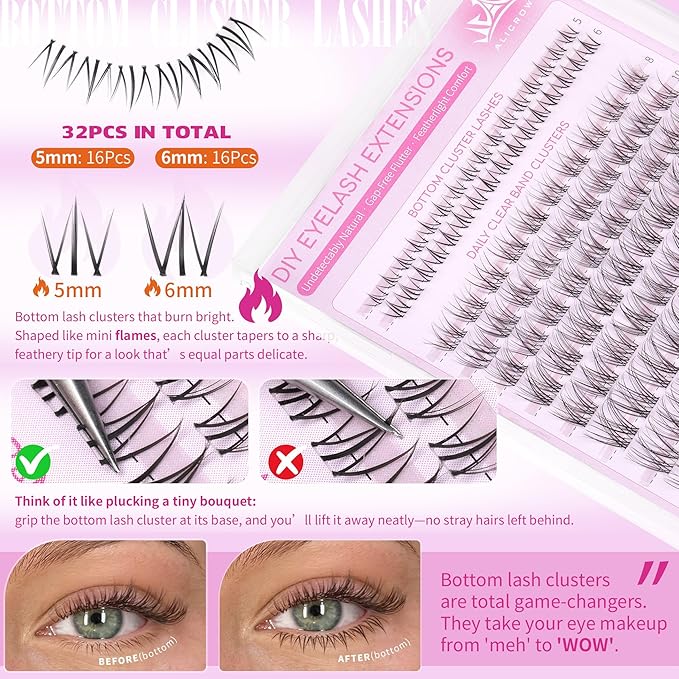 Natural Lash Clusters Wispy Lash Extensions with Bottom Lashes Clean Girl Makeup C Curly Eyelash Clusters with Invisible Band DIY Individual Lashes 132Pcs No Makeup Look