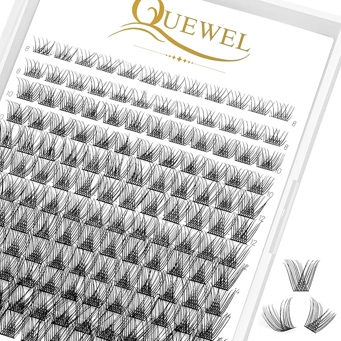 QUEWEL Lash Clusters 144 Pcs Wide Stem Individual Lashes C/D Curl 8-16mm Length DIY Lash Extension Soft False Eyelashes Wispy Cluster Lashes Easy to Create Natural Look At Home(Natural-C-MIX8-16mm)