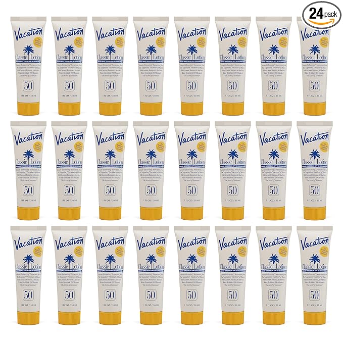 Vacation Mini Classic Lotion SPF 50, Water-Resistant, Mini Sunscreen Bulk Party Favor, Beach Must Haves, Traveling Essentials, Suntan Lotion Travel Size, 1 Fl. Oz. (Value Pack of 24)