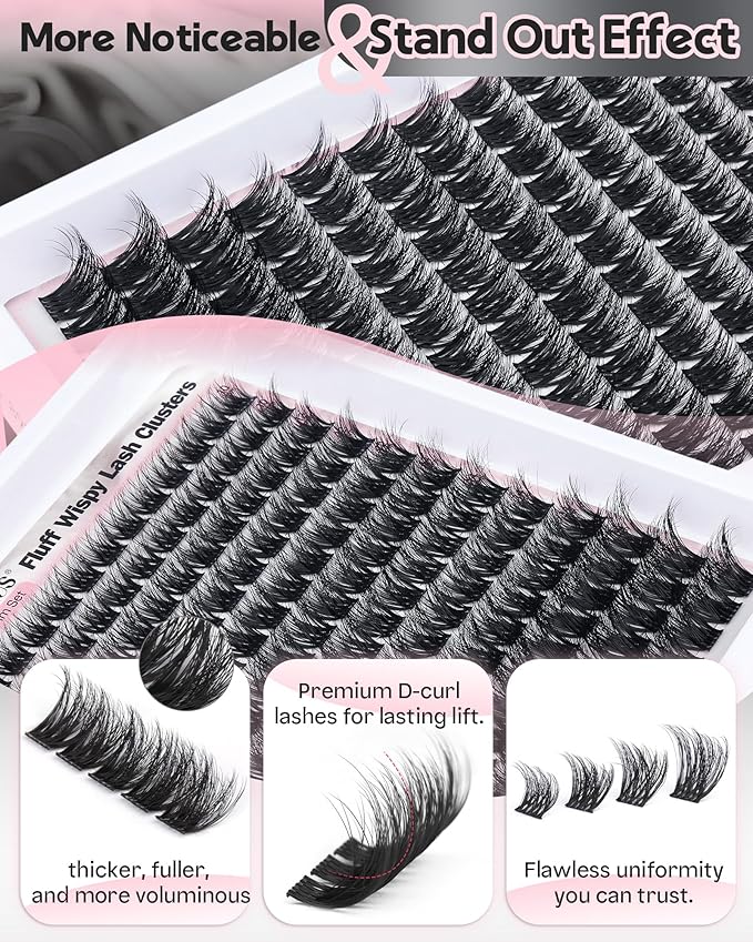 Goddvenus D Curl Fluffy Lash Clusters Kit – 144 PCS Thick Eyelashes Clusters, 10-18mm Wispy Lashes Clusters Natural Look, Waterproof Cluster Eyelash Extensions Kit for DIY False Eyelashes at Home