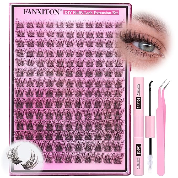 DIY Lash Extension Kit Natural Look Wispy Lash Clusters D 154 pcs Lashes Clusters 8-16 mm Eyelash Extension Kit Lash Bond and Seal Lash Tweezers Individual Lashes Lash Cluster Kit For Beginners