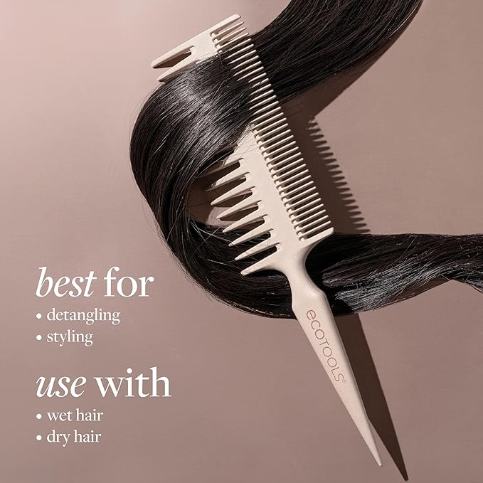 EcoTools Double-Sided Hair Comb, Wide-Tooth & Narrow-Tooth Sides For Detangling & Styling, Sectioning Tip, Bamboo Hair Comb for All Hair Types, Anti-Breakage, Vegan & Cruelty-Free, 1 Count