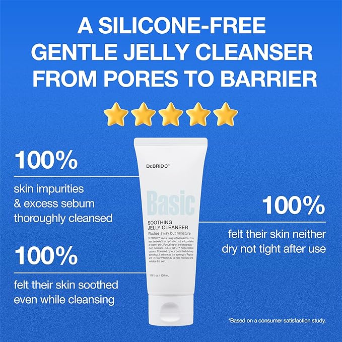 Dr.BRID C Soothing Jelly Cleanser - Amino Acid Face Wash with Peptides & Protease, Low-pH Pore Purifying & Texture Smoothing Facial Cleanser for Sensitive Skin, Fragrance-Free, 3.38 fl.oz.