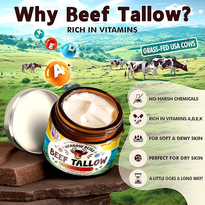Meadow Bliss Beef Tallow for Skin - Moisturizer Cream - 100% Grass Fed - Whipped Beef Tallow - Manuka Honey - Organic Jojoba Oil, Shea Butter - Supports Eczema, Rosacea - USA - Fragrence Free - 4 oz