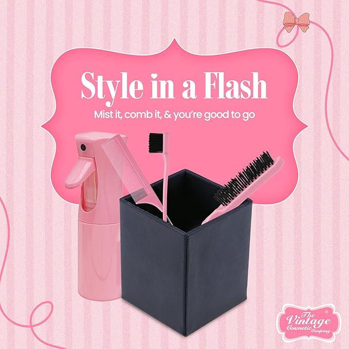 The Vintage Cosmetic Company Slick Bun Hair Misting Set for Women and Girls, Refillable Spray Bottle & Comb for Effortless Hair Styling and Refresh