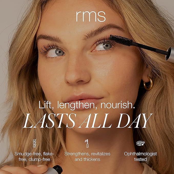 RMS Beauty Straight Up Volumizing Peptide Mascara, Blackest Black - Add Volume, Lift & Nourishment to Lashes - Pro Peptide & Tri-Locking System for Long-Lasting Wear (0.34 fl oz / 10ml)
