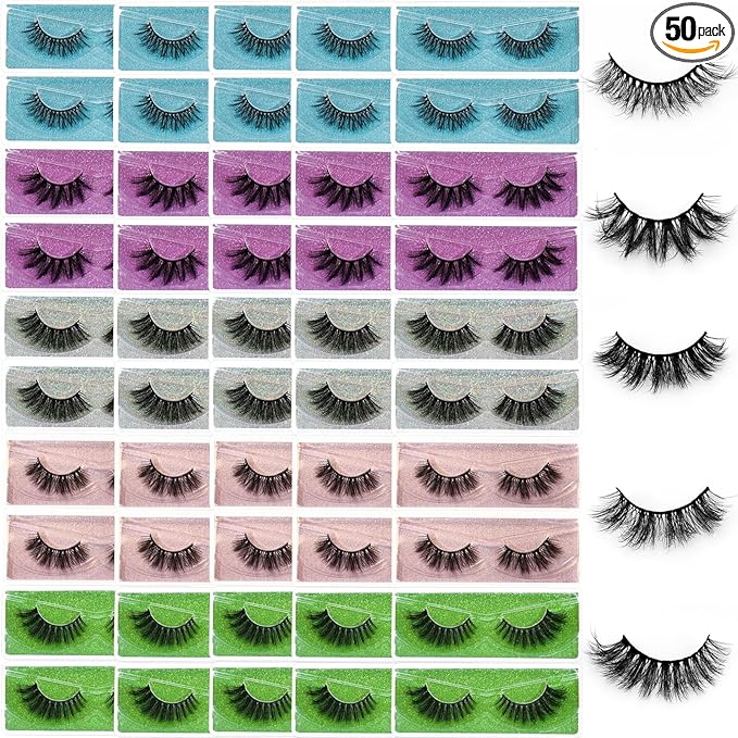Wholesale Lashes, 3D Faux Mink Eyelash Bulk, 18mm Handmade Reusable Eye Lash, 5 Styles Dramatic Fluffy False Lash with Glitter Portable Packing (Fluffy 5 styles-50 pairs)