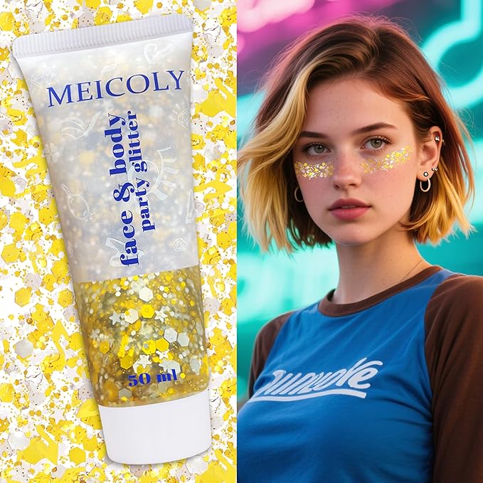 MEICOLY Face Glitter Makeup for Music Festival,Country Concert Outfits for Women, Holographic Gold Silver Purple Body Glitter,Halloween Party Accessories Self-Adhesive Glitter Face Paint,50ml