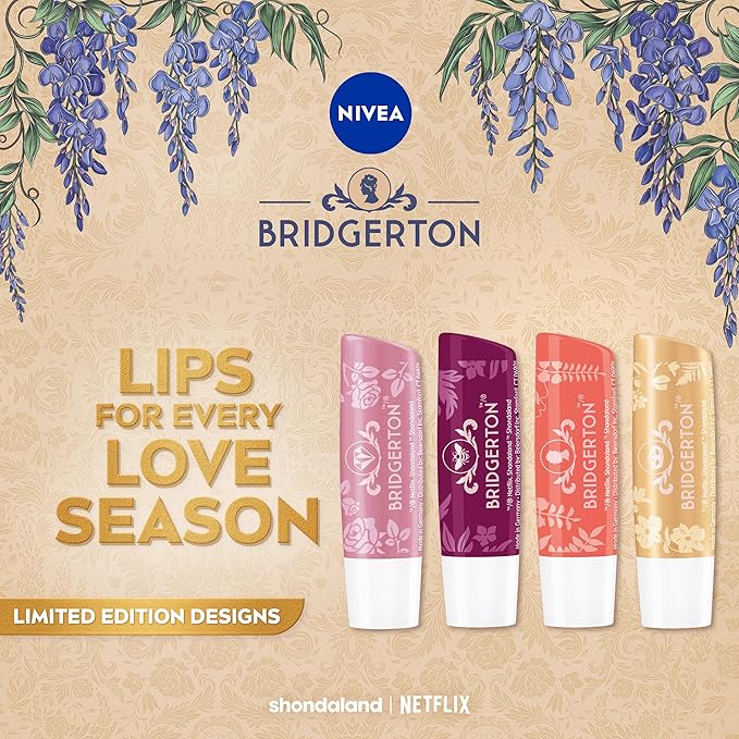 NIVEA Lip Care, Bridgerton Limited Edition Lip Balms with Shea Butter, Blackberry Pie, Peach Tea, Rose Meringue, Vanilla Biscuit, Mothers Day Gifts, Four 0.17 Oz Sticks