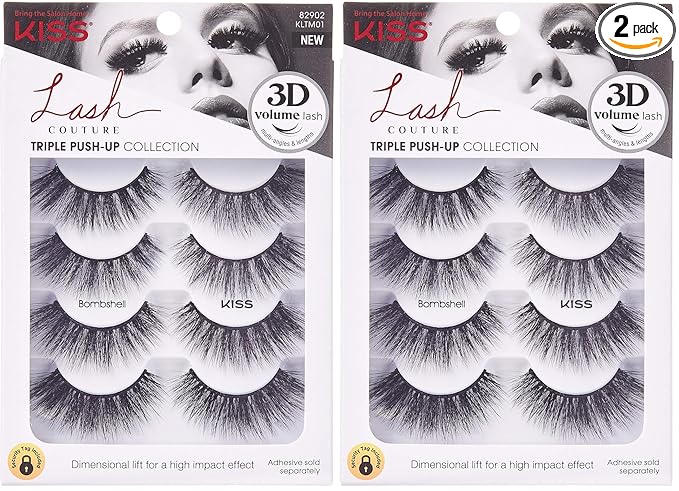 KISS Triple Push-Up, False Eyelashes, 'Bombshell', 14mm, Includes 4 Pairs Of Lashes, Easy to Apply, Reusable Lash Clusters (Pack of 2)
