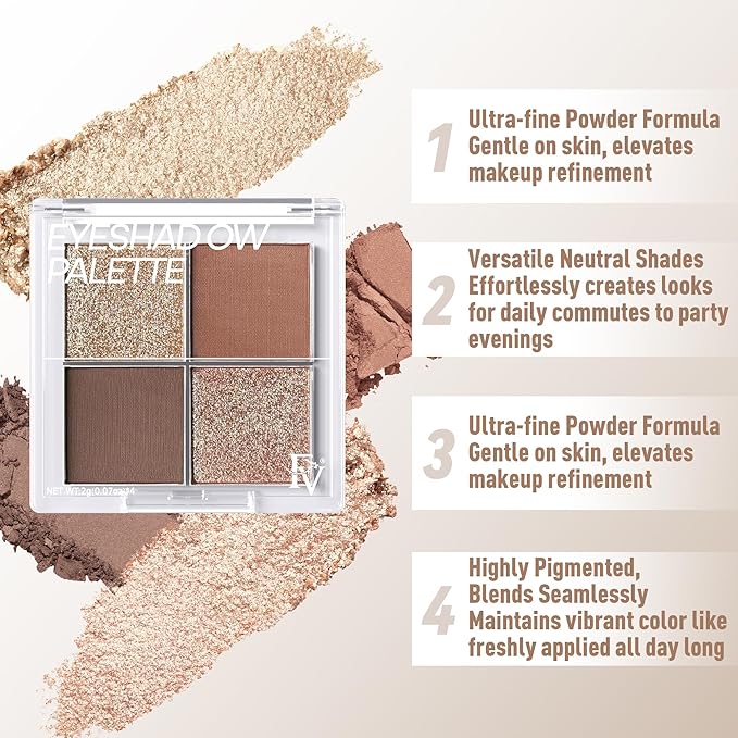 FV Natural Finish Eyeshadow Palette, 4 Matte & Metallic High Pigment Shades, Long-Lasting Eye Shadow Palette Makeup, Crease-Proof, Blendable Eye Makeup (Dark Brown)