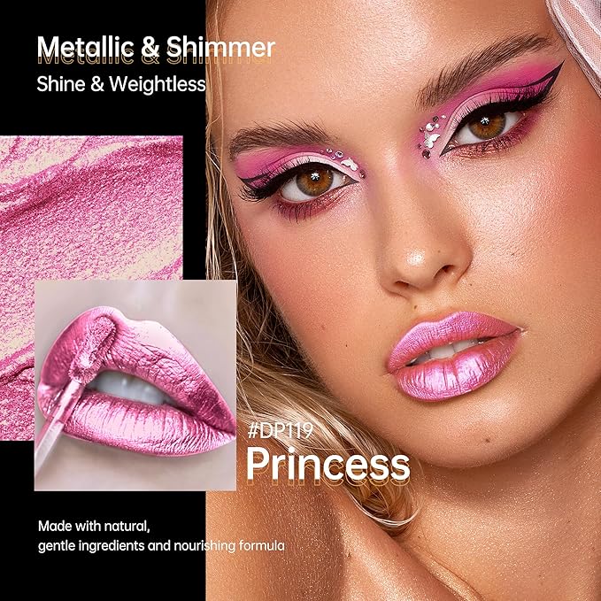 Depuplum Pink Lipsticks for Women Metallic Lipstick Long Lasting Shimmer Lip Gloss Metal Shine Glitter Waterproof Lipsticks Full Coverage Lip Color for Mother's Day,DP119 Princess